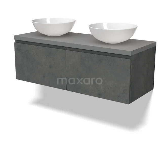 Modulo Plato Badmöbel mit Aufsatzwaschbecken | 120 cm Dunkelgrauer Beton Grifflos front Mittelgrau blatt 2 nebeneinanderliegende Schubladen BMK12-01901