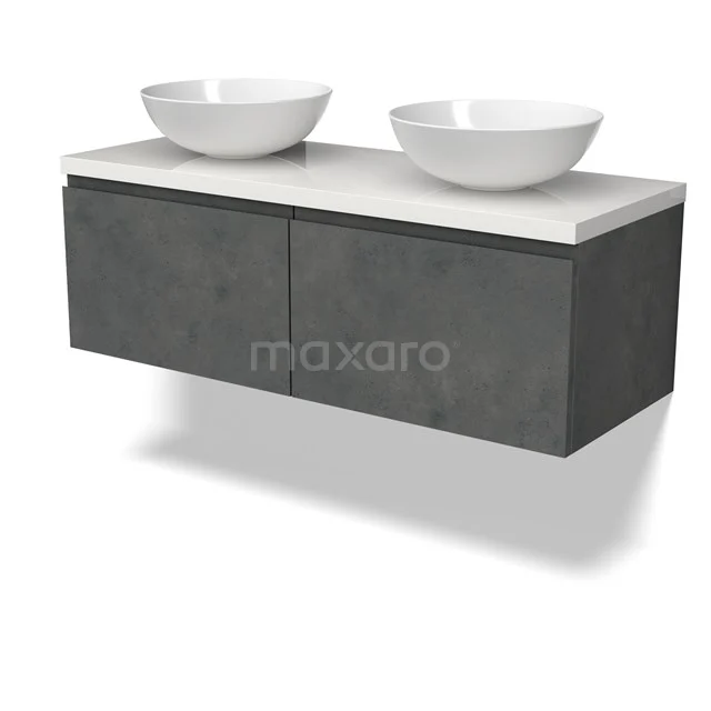 Modulo Plato Badmöbel mit Aufsatzwaschbecken | 120 cm Dunkelgrauer Beton Grifflos front Hochglanz Weiß blatt 2 nebeneinanderliegende Schubladen BMK12-01902