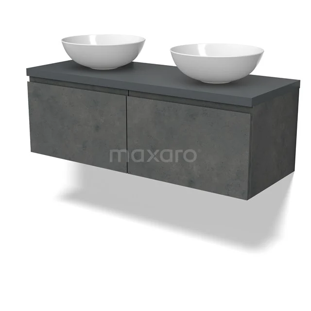 Modulo Plato Badmöbel mit Aufsatzwaschbecken | 120 cm Dunkelgrauer Beton Grifflos front Dunkelgrau blatt 2 nebeneinanderliegende Schubladen BMK12-01904
