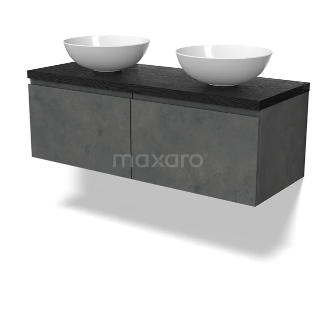 Modulo Plato Badmöbel mit Aufsatzwaschbecken | 120 cm Dunkelgrauer Beton Grifflos front Schwarze Eiche blatt 2 nebeneinanderliegende Schubladen BMK12-01907