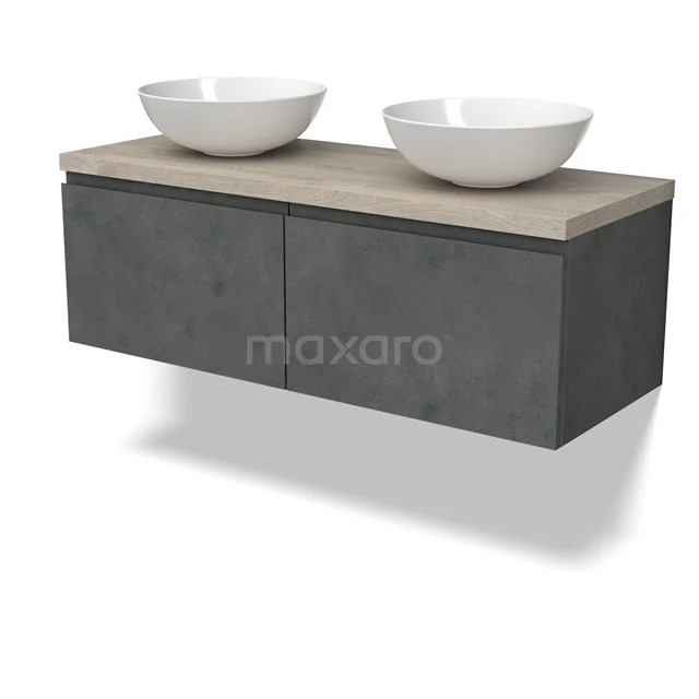 Modulo Plato Badmöbel mit Aufsatzwaschbecken | 120 cm Dunkelgrauer Beton Grifflos front Hellgraue Eiche blatt 2 nebeneinanderliegende Schubladen BMK12-01909