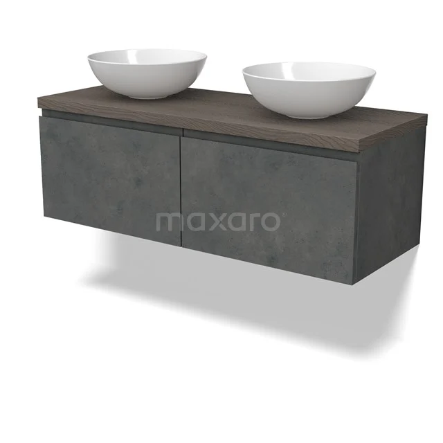 Modulo Plato Badmöbel mit Aufsatzwaschbecken | 120 cm Dunkelgrauer Beton Grifflos front Dunkelbraune Eiche blatt 2 nebeneinanderliegende Schubladen BMK12-01912