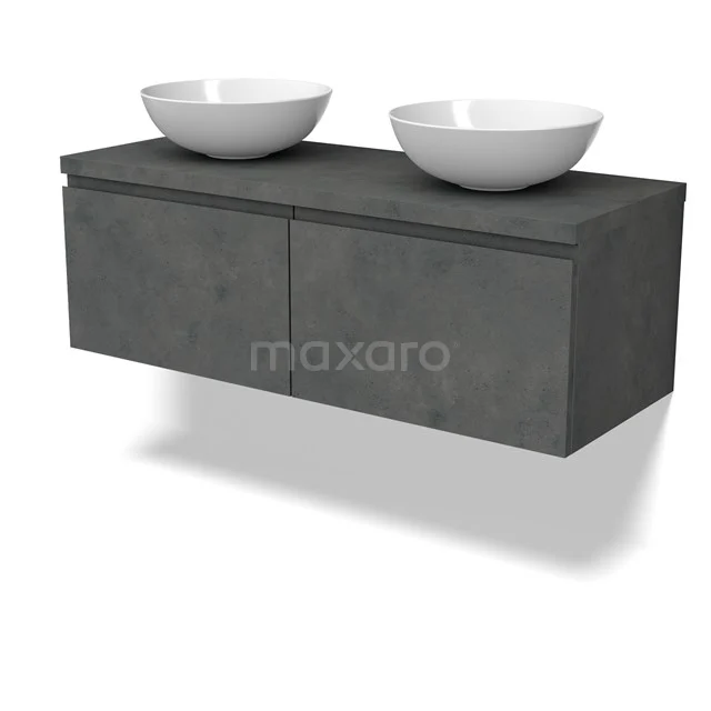 Modulo Plato Badmöbel mit Aufsatzwaschbecken | 120 cm Dunkelgrauer Beton Grifflos front Dunkelgrauer Beton blatt 2 nebeneinanderliegende Schubladen BMK12-01915