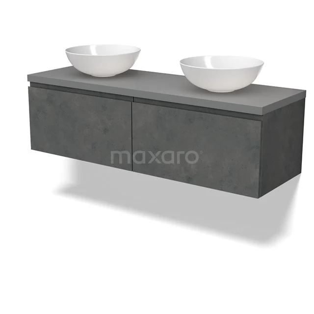 Modulo Plato Badmöbel mit Aufsatzwaschbecken | 140 cm Dunkelgrauer Beton Grifflos front Mittelgrau blatt 2 nebeneinanderliegende Schubladen BMK12-01917