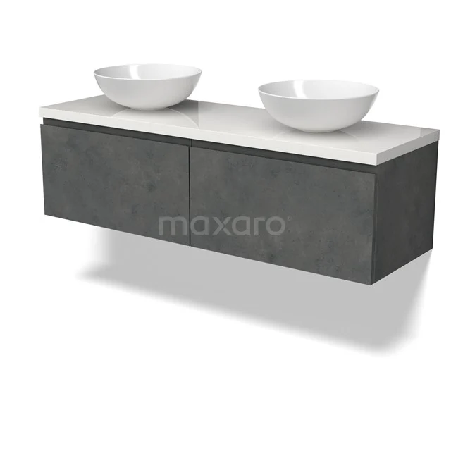 Modulo Plato Badmöbel mit Aufsatzwaschbecken | 140 cm Dunkelgrauer Beton Grifflos front Hochglanz Weiß blatt 2 nebeneinanderliegende Schubladen BMK12-01918