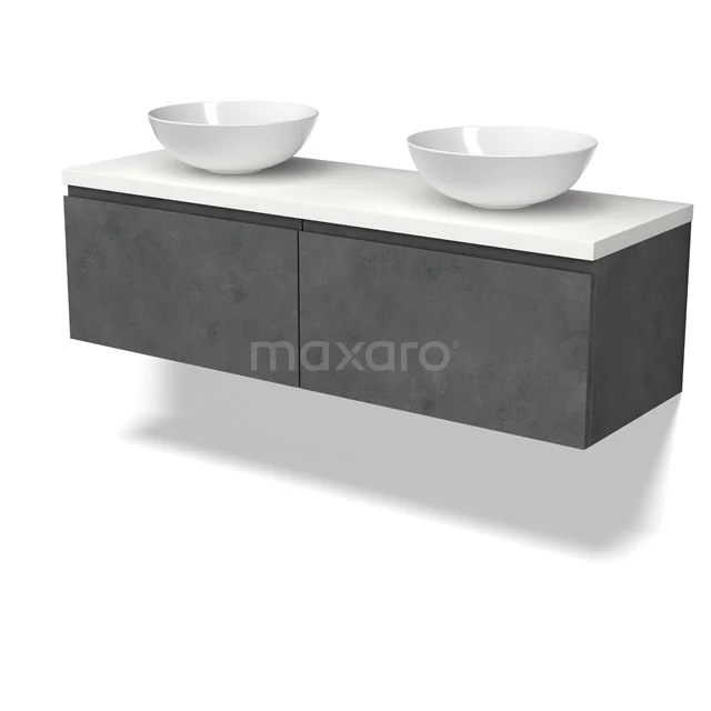 Modulo Plato Badmöbel mit Aufsatzwaschbecken | 140 cm Dunkelgrauer Beton Grifflos front Matt Weiß blatt 2 nebeneinanderliegende Schubladen BMK12-01919