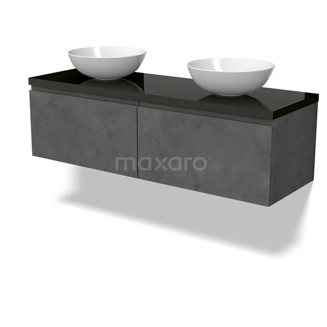 Modulo Plato Badmöbel mit Aufsatzwaschbecken | 140 cm Dunkelgrauer Beton Grifflos front Hochglanz Schwarz blatt 2 nebeneinanderliegende Schubladen BMK12-01921