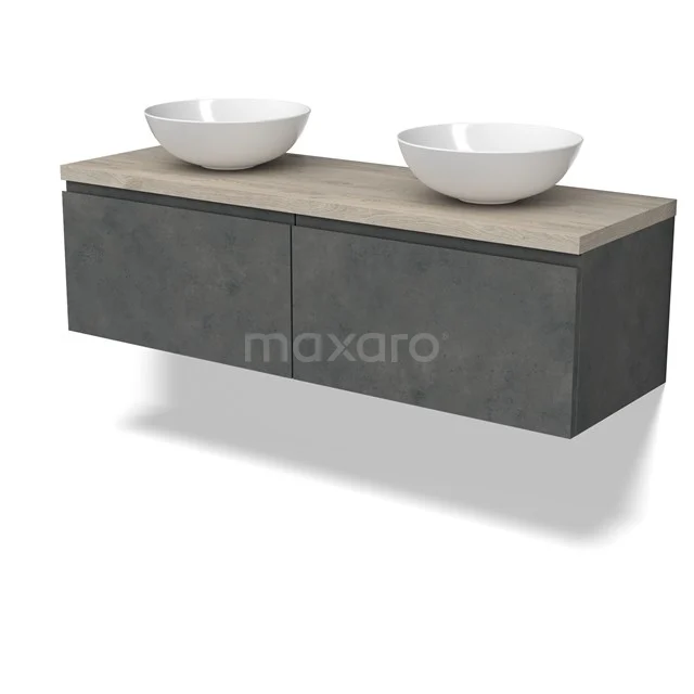 Modulo Plato Badmöbel mit Aufsatzwaschbecken | 140 cm Dunkelgrauer Beton Grifflos front Hellgraue Eiche blatt 2 nebeneinanderliegende Schubladen BMK12-01923