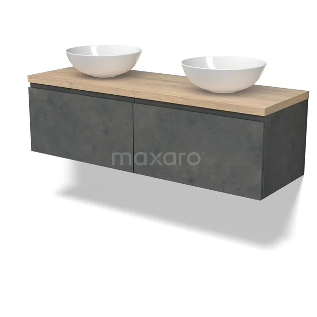 Modulo Plato Vanity units for countertop basin | 140 cm Dark grey concrete Handle-less front Light brown oak worktop 2 Side-by-side drawers BMK12-01924