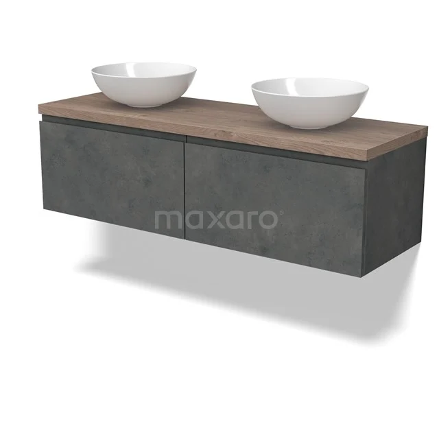 Modulo Plato Vanity units for countertop basin | 140 cm Dark grey concrete Handle-less front Mid brown oak worktop 2 Side-by-side drawers BMK12-01925