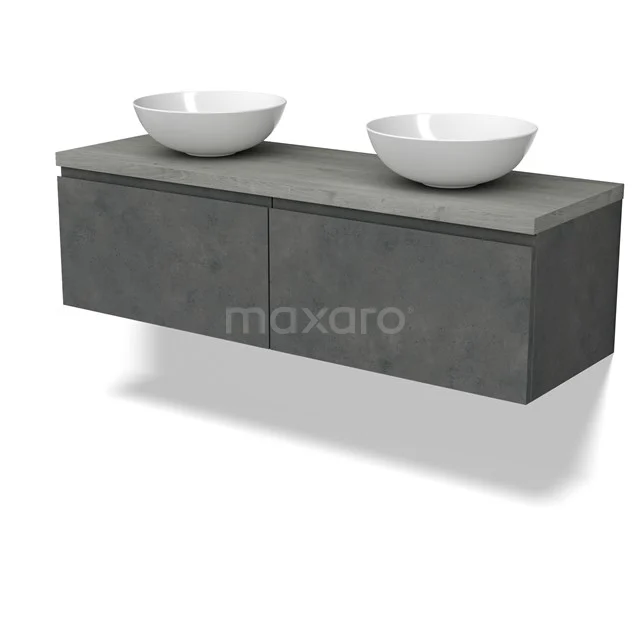 Modulo Plato Vanity units for countertop basin | 140 cm Dark grey concrete Handle-less front Grey oak worktop 2 Side-by-side drawers BMK12-01927