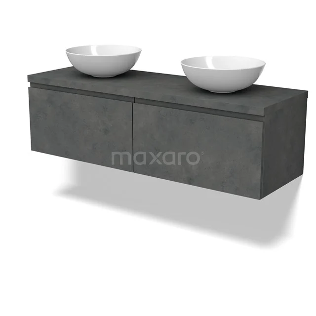 Modulo Plato Badmöbel mit Aufsatzwaschbecken | 140 cm Dunkelgrauer Beton Grifflos front Dunkelgrauer Beton blatt 2 nebeneinanderliegende Schubladen BMK12-01929