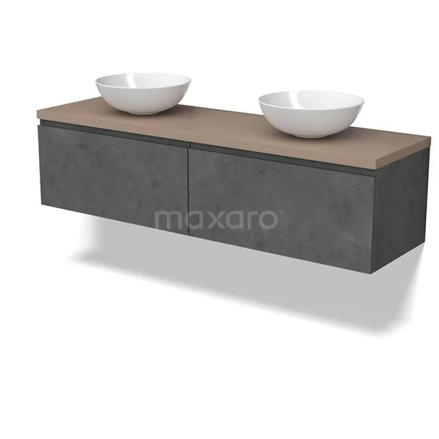 Modulo Plato Badmöbel mit Aufsatzwaschbecken | 160 cm Dunkelgrauer Beton Grifflos front Taupe blatt 2 nebeneinanderliegende Schubladen BMK12-01931
