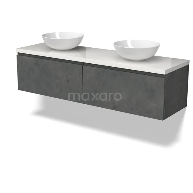 Modulo Plato Vanity units for countertop basin | 160 cm Dark grey concrete Handle-less front High-gloss white worktop 2 Side-by-side drawers BMK12-01933