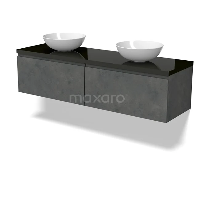 Modulo Plato Vanity units for countertop basin | 160 cm Dark grey concrete Handle-less front High-gloss black worktop 2 Side-by-side drawers BMK12-01936