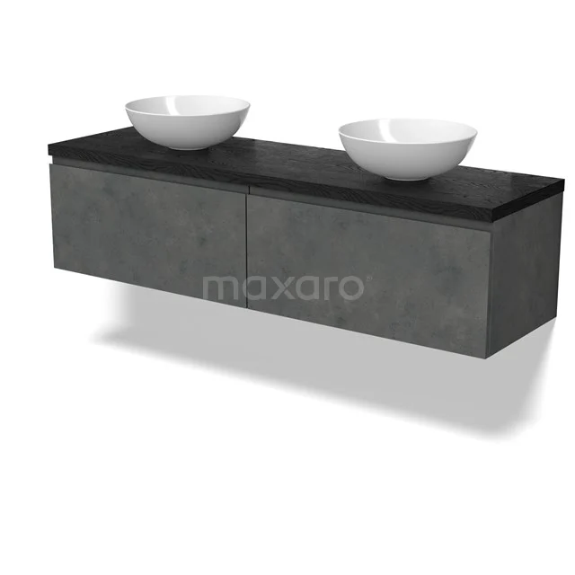 Modulo Plato Badmöbel mit Aufsatzwaschbecken | 160 cm Dunkelgrauer Beton Grifflos front Schwarze Eiche blatt 2 nebeneinanderliegende Schubladen BMK12-01938 Modulo Plato Badmöbel mit Aufsatzwaschbecken | 160 cm Dunkelgrauer Beton Grifflos front Schwarze Eiche blatt 2 nebeneinanderliegende Schubladen BMK12-01938