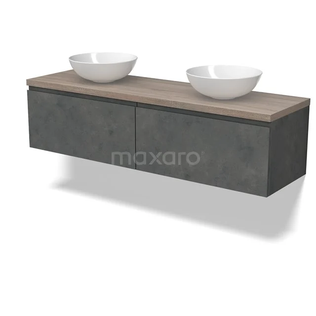 Modulo Plato Badmöbel mit Aufsatzwaschbecken | 160 cm Dunkelgrauer Beton Grifflos front Eiche blatt 2 nebeneinanderliegende Schubladen BMK12-01939 Modulo Plato Badmöbel mit Aufsatzwaschbecken | 160 cm Dunkelgrauer Beton Grifflos front Eiche blatt 2 nebeneinanderliegende Schubladen BMK12-01939