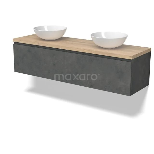 Modulo Plato Vanity units for countertop basin | 160 cm Dark grey concrete Handle-less front Light brown oak worktop 2 Side-by-side drawers BMK12-01941