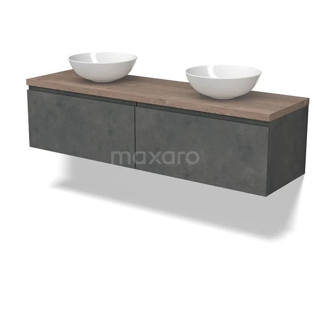 Modulo Plato Vanity units for countertop basin | 160 cm Dark grey concrete Handle-less front Mid brown oak worktop 2 Side-by-side drawers BMK12-01942