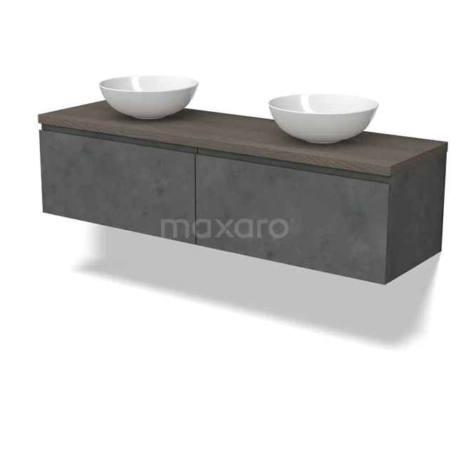 Modulo Plato Vanity units for countertop basin | 160 cm Dark grey concrete Handle-less front Dark brown oak worktop 2 Side-by-side drawers BMK12-01943