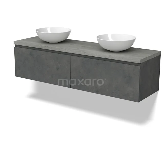 Modulo Plato Badmöbel mit Aufsatzwaschbecken | 160 cm Dunkelgrauer Beton Grifflos front Graue Eiche blatt 2 nebeneinanderliegende Schubladen BMK12-01944 Modulo Plato Badmöbel mit Aufsatzwaschbecken | 160 cm Dunkelgrauer Beton Grifflos front Graue Eiche blatt 2 nebeneinanderliegende Schubladen BMK12-01944