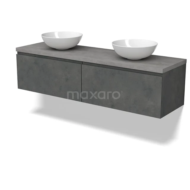 Modulo Plato Badmöbel mit Aufsatzwaschbecken | 160 cm Dunkelgrauer Beton Grifflos front Hellgrauer Beton blatt 2 nebeneinanderliegende Schubladen BMK12-01945