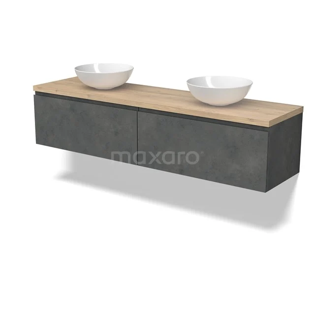 Modulo Plato Vanity units for countertop basin | 200 cm Dark grey concrete Handle-less front Light brown oak worktop 2 Side-by-side drawers BMK12-01992