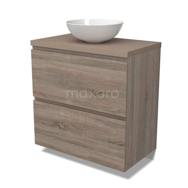 Modulo Plato Badkamermeubel voor waskom | 80 cm Eiken Greeploos front Taupe blad 2 hoge lades onder elkaar BMK13-00982