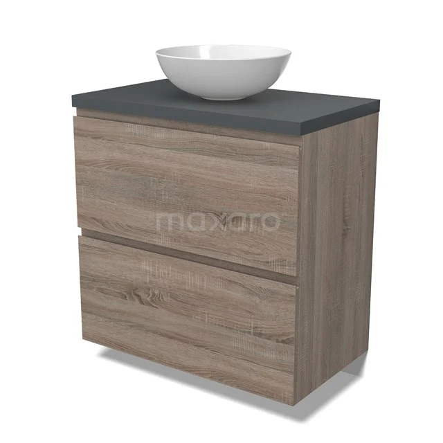 Modulo Plato Badmöbel mit Aufsatzwaschbecken | 80 cm Eiche Grifflos front Dunkelgrau blatt 2 hohe Schubladen übereinanderliegend BMK13-00986