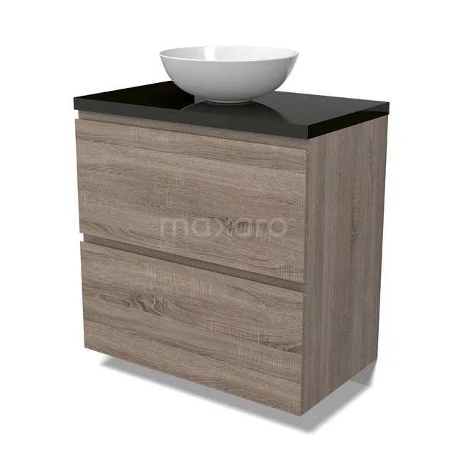 Modulo Plato Vanity units for countertop basin | 80 cm Oak Handle-less front High-gloss black worktop 2 stacked drawers under each other BMK13-00987