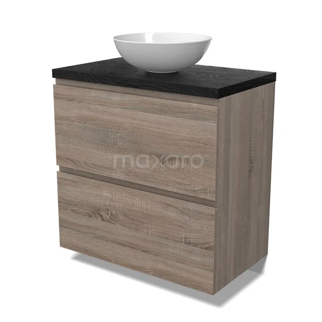 Modulo Plato Vanity units for countertop basin | 80 cm Oak Handle-less front Black oak worktop 2 stacked drawers under each other BMK13-00989