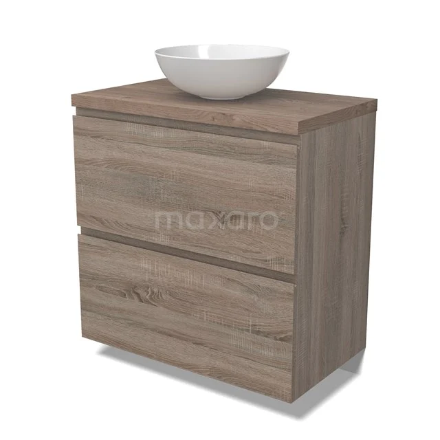 Modulo Plato Vanity units for countertop basin | 80 cm Oak Handle-less front Mid brown oak worktop 2 stacked drawers under each other BMK13-00993