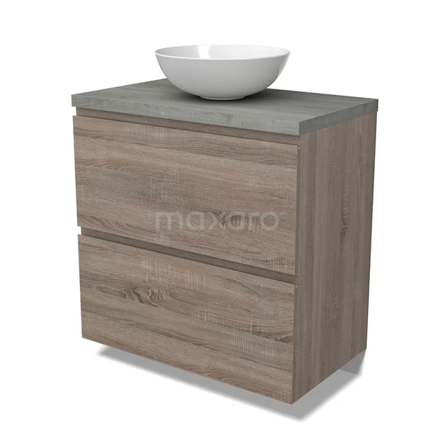 Modulo Plato Badmöbel mit Aufsatzwaschbecken | 80 cm Eiche Grifflos front Graue Eiche blatt 2 hohe Schubladen übereinanderliegend BMK13-00995