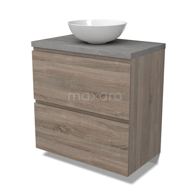 Modulo Plato Badmöbel mit Aufsatzwaschbecken | 80 cm Eiche Grifflos front Hellgrauer Beton blatt 2 hohe Schubladen übereinanderliegend BMK13-00996