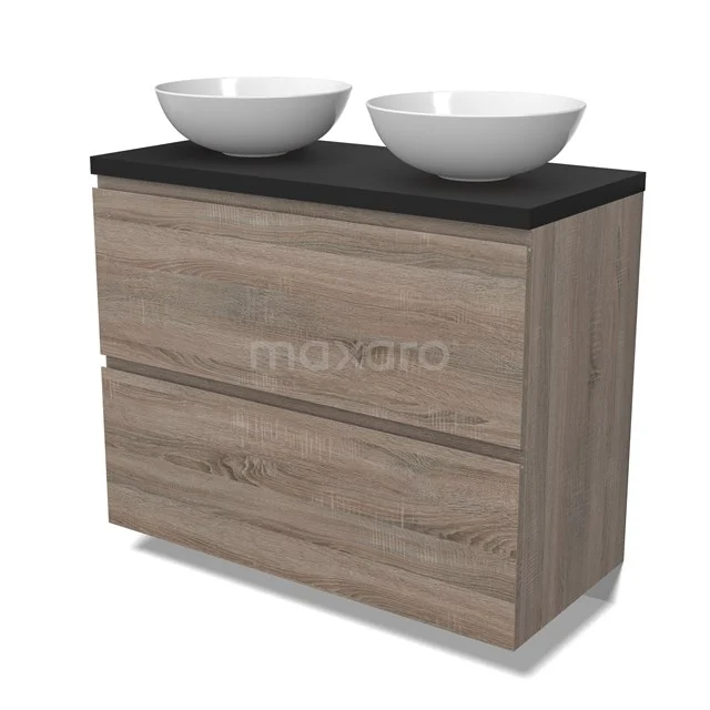 Modulo Plato Vanity units for countertop basin | 100 cm Oak Handle-less front Matte black worktop 2 stacked drawers under each other BMK13-00998
