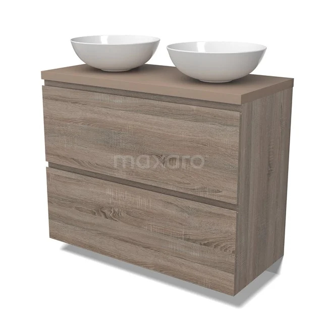 Modulo Plato Badkamermeubel voor waskom | 100 cm Eiken Greeploos front Taupe blad 2 hoge lades onder elkaar BMK13-00999