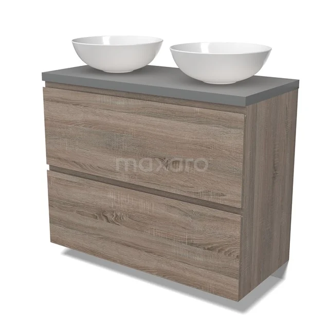 Modulo Plato Badmöbel mit Aufsatzwaschbecken | 100 cm Eiche Grifflos front Mittelgrau blatt 2 hohe Schubladen übereinanderliegend BMK13-01000