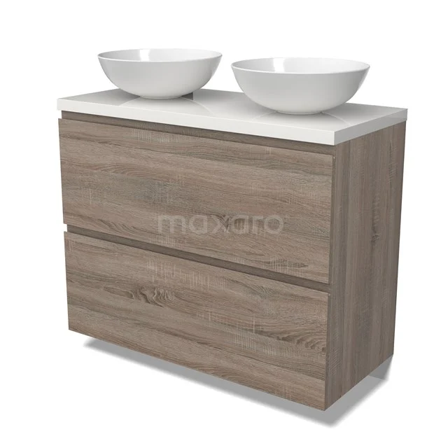 Modulo Plato Badmöbel mit Aufsatzwaschbecken | 100 cm Eiche Grifflos front Hochglanz Weiß blatt 2 hohe Schubladen übereinanderliegend BMK13-01001