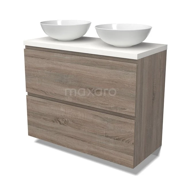 Modulo Plato Badmöbel mit Aufsatzwaschbecken | 100 cm Eiche Grifflos front Matt Weiß blatt 2 hohe Schubladen übereinanderliegend BMK13-01002