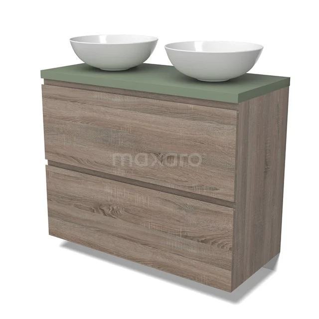 Modulo Plato Vanity units for countertop basin | 100 cm Oak Handle-less front Sage green worktop 2 stacked drawers under each other BMK13-01005
