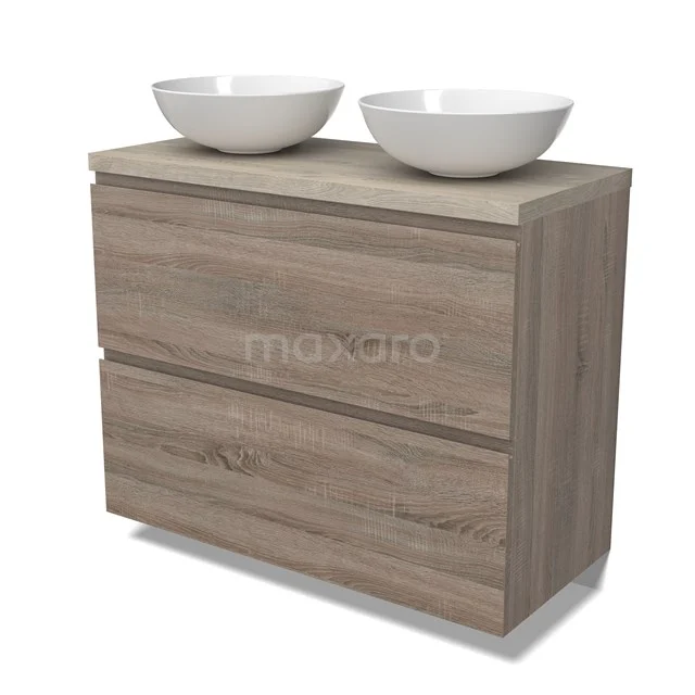 Modulo Plato Badmöbel mit Aufsatzwaschbecken | 100 cm Eiche Grifflos front Hellgraue Eiche blatt 2 hohe Schubladen übereinanderliegend BMK13-01008