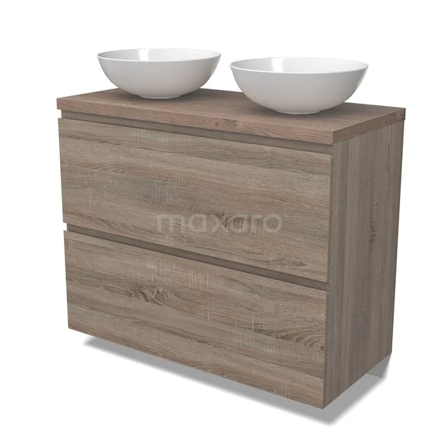 Modulo Plato Vanity units for countertop basin | 100 cm Oak Handle-less front Mid brown oak worktop 2 stacked drawers under each other BMK13-01010
