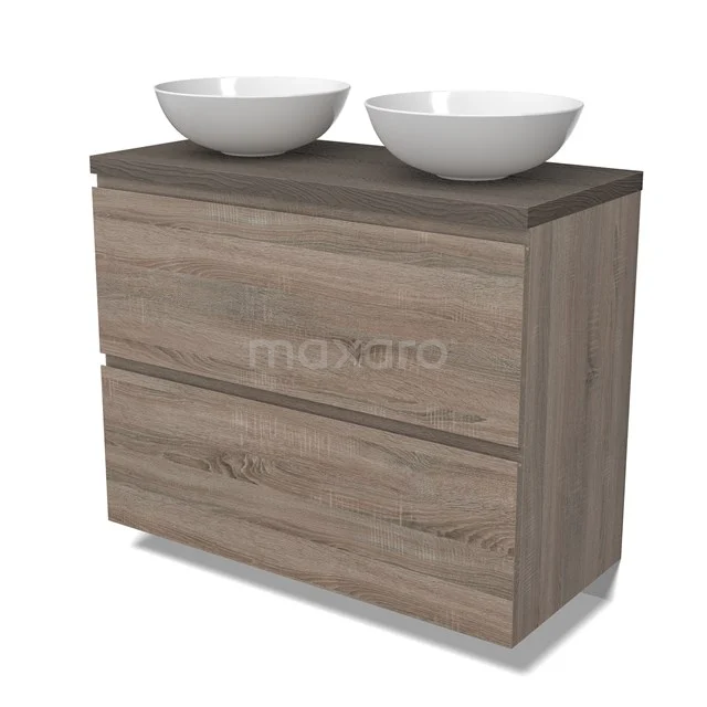 Modulo Plato Vanity units for countertop basin | 100 cm Oak Handle-less front Dark brown oak worktop 2 stacked drawers under each other BMK13-01011