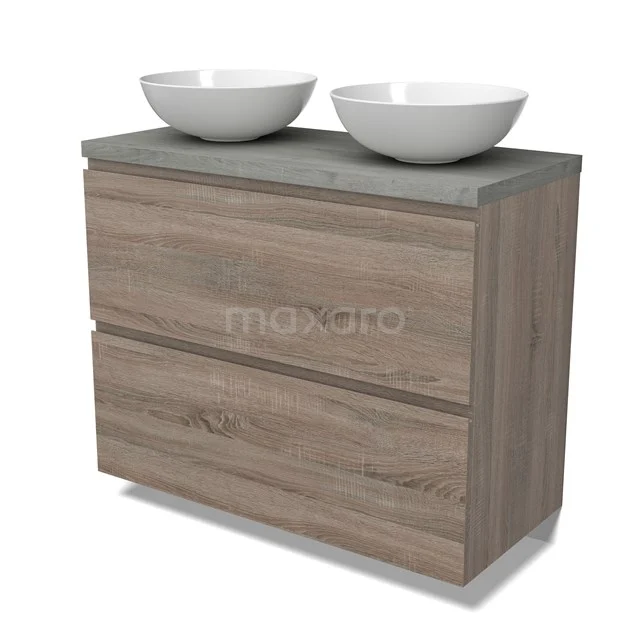 Modulo Plato Vanity units for countertop basin | 100 cm Oak Handle-less front Grey oak worktop 2 stacked drawers under each other BMK13-01012