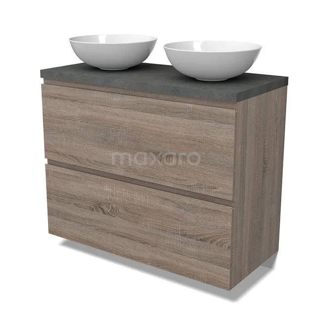 Modulo Plato Badmöbel mit Aufsatzwaschbecken | 100 cm Eiche Grifflos front Dunkelgrauer Beton blatt 2 hohe Schubladen übereinanderliegend BMK13-01014