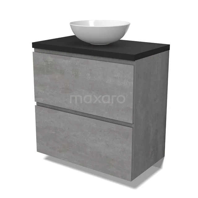 Modulo Plato Badmöbel mit Aufsatzwaschbecken | 80 cm Hellgrauer Beton Grifflos front Matt Schwarz blatt 2 hohe Schubladen übereinanderliegend BMK13-01015