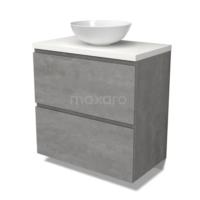 Modulo Plato Badmöbel mit Aufsatzwaschbecken | 80 cm Hellgrauer Beton Grifflos front Matt Weiß blatt 2 hohe Schubladen übereinanderliegend BMK13-01019