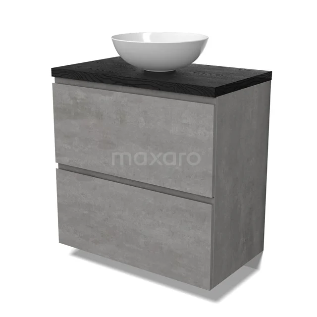 Modulo Plato Badmöbel mit Aufsatzwaschbecken | 80 cm Hellgrauer Beton Grifflos front Schwarze Eiche blatt 2 hohe Schubladen übereinanderliegend BMK13-01023