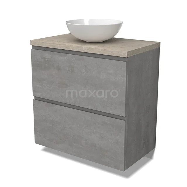 Modulo Plato Badmöbel mit Aufsatzwaschbecken | 80 cm Hellgrauer Beton Grifflos front Hellgraue Eiche blatt 2 hohe Schubladen übereinanderliegend BMK13-01025