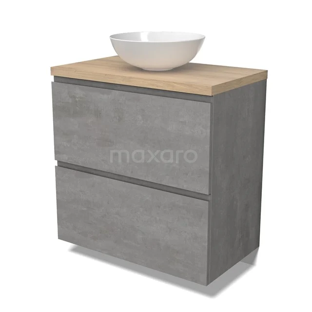 Modulo Plato Badmöbel mit Aufsatzwaschbecken | 80 cm Hellgrauer Beton Grifflos front Hellbraune Eiche blatt 2 hohe Schubladen übereinanderliegend BMK13-01026